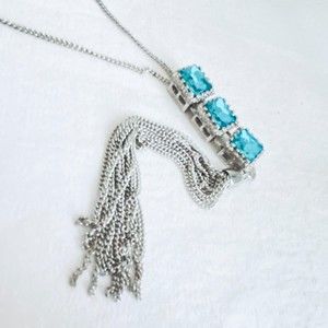 Matinee Necklace Silver Tone Skinny Chain With Aquamarine Square Stone Pendant